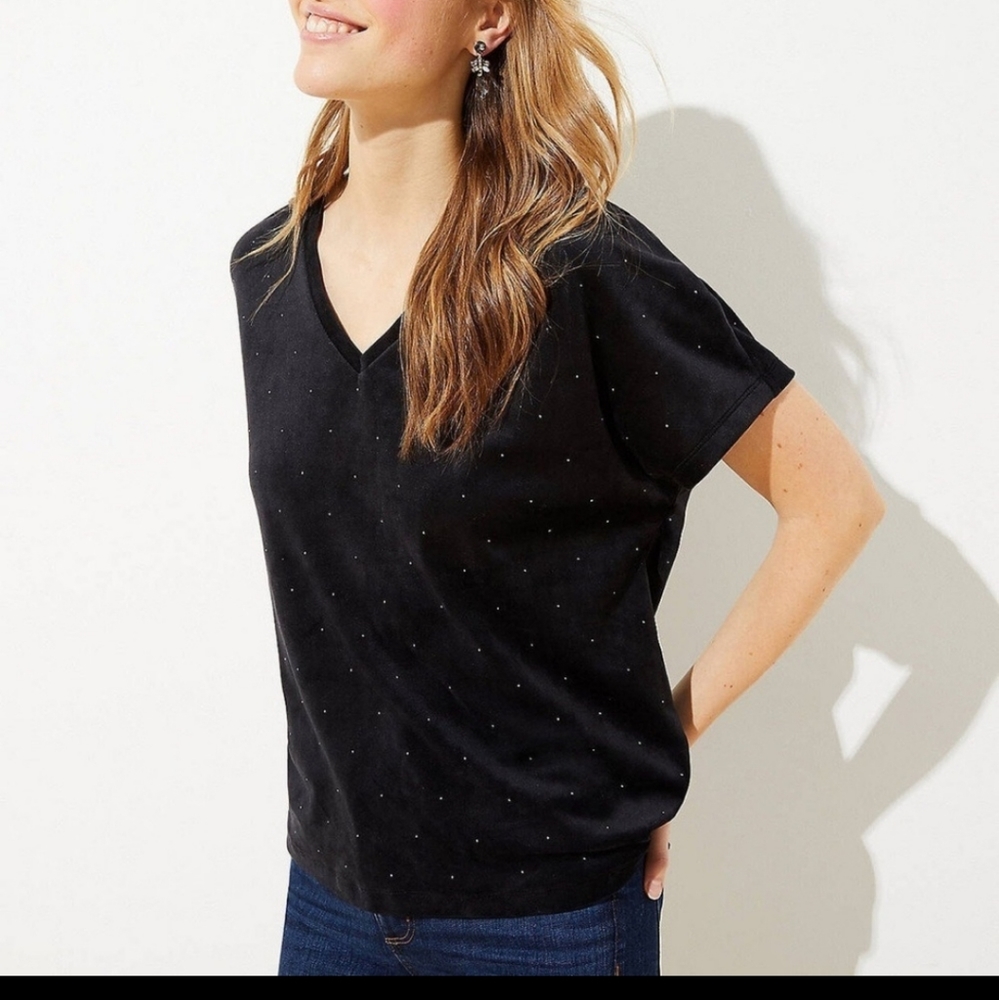 LOFT BLACK VELVET STUDDED TOP BLOUSE SHORT SLEEVE DOLMAN HI LO V NECK SIZE SP